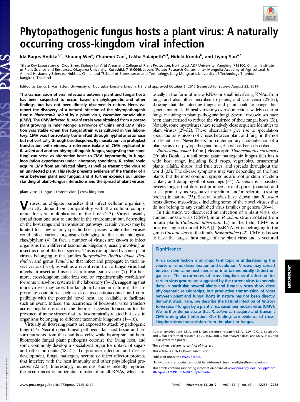 Phytopathogenic Fungus Hosts a Plant Virus: a Naturally Occurring Cross-Kingdom Viral Infection