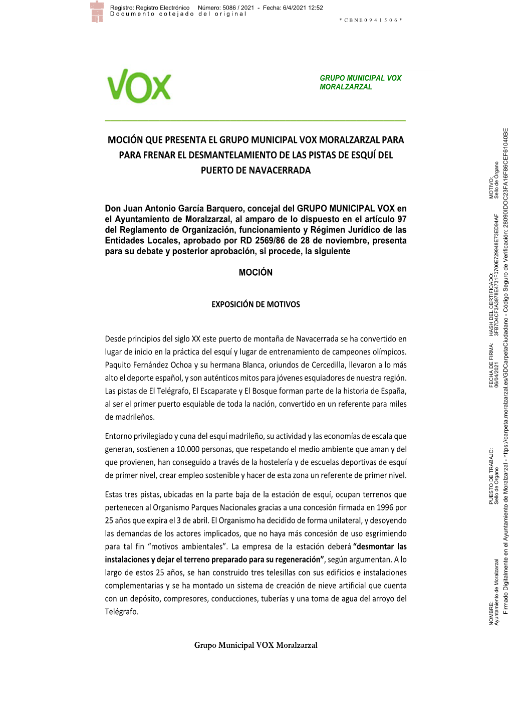 Moción Que Presenta El Grupo Municipal Vox Moralzarzal Para Para Frenar El Desmantelamiento De Las Pistas De Esquí Del Puerto De Navacerrada