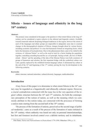 Silesia – Issues of Language and Ethnicity in the Long 16Th Century