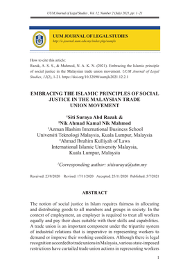 Embracing the Islamic Principles of Social Justice in the Malaysian Trade Union Movement