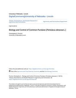 Biology and Control of Common Purslane (&lt;I&gt;Portulaca Oleracea&lt;/I&gt;