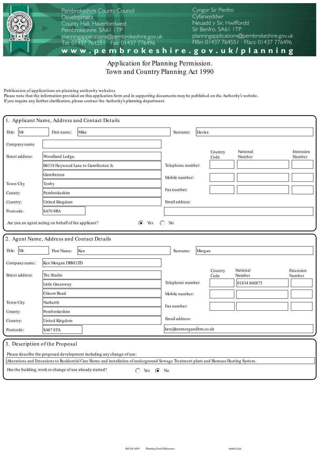 Application for Planning Permission. Town and Country Planning Act 1990