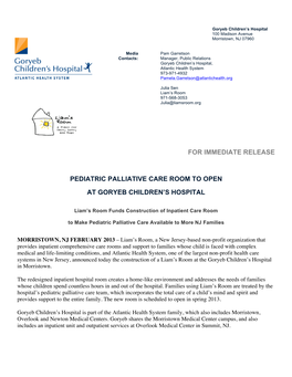 For Immediate Release Pediatric Palliative Care