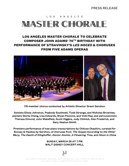 Los Angeles Master Chorale to Celebrate Composer John Adams' 70Th