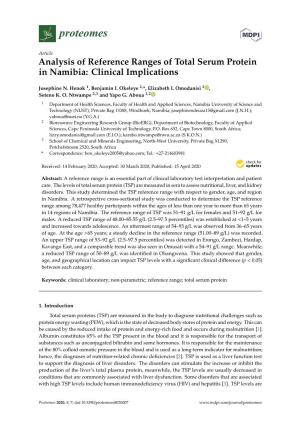 Analysis of Reference Ranges of Total Serum Protein in Namibia: Clinical Implications
