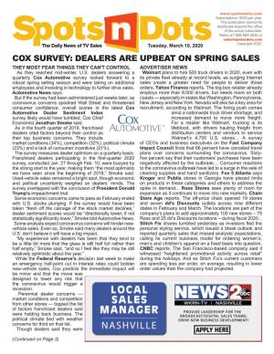 COX SURVEY: DEALERS ARE UPBEAT on SPRING SALES THEY MOST FEAR THINGS THEY CAN't CONTROL ADVERTISER NEWS As They Reached Mid-Winter, U.S