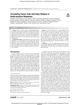 Circulating Tumor Cells and Early Relapse in Node-Positive Melanoma Anthony Lucci1, Carolyn S