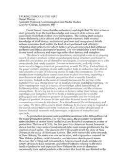 TALKING THROUGH the WIRE Daniel Marcus Assistant Professor, Communication and Media Studies Goucher College, Baltimore, MD David