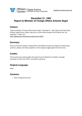 December 21, 1960 Report to Minister of Foreign Affairs Antonio Segni