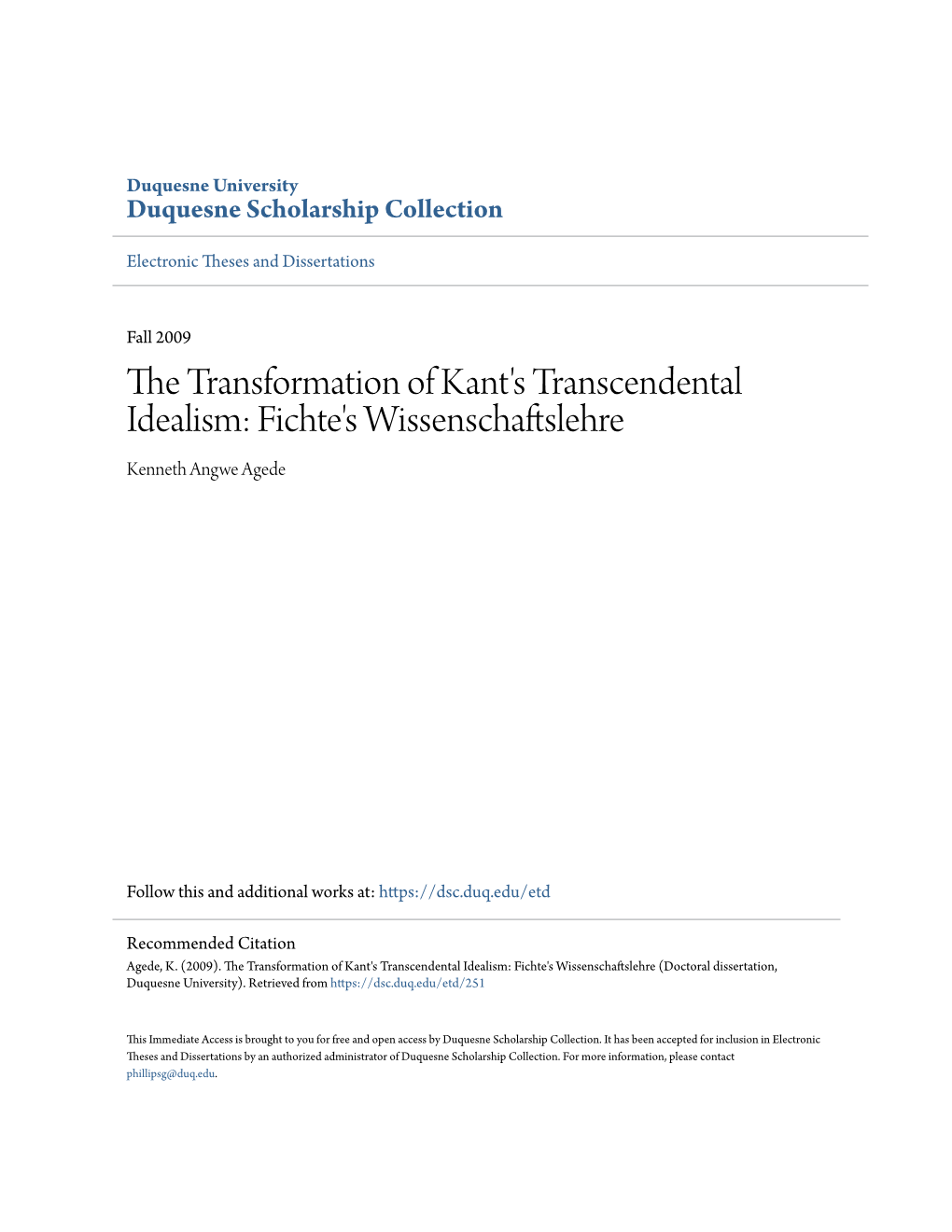 The Transformation of Kant's Transcendental Idealism: Fichte's