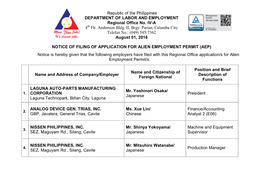 Republic of the Philippines DEPARTMENT of LABOR and EMPLOYMENT Regional Office No