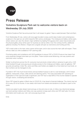 Press Release Yorkshire Sculpture Park Set to Welcome Visitors Back on Wednesday 29 July 2020