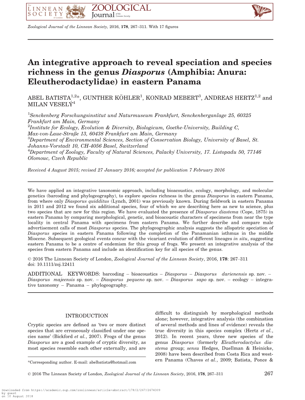 An Integrative Approach to Reveal Speciation and Species Richness in the Genus Diasporus (Amphibia: Anura: Eleutherodactylidae) in Eastern Panama