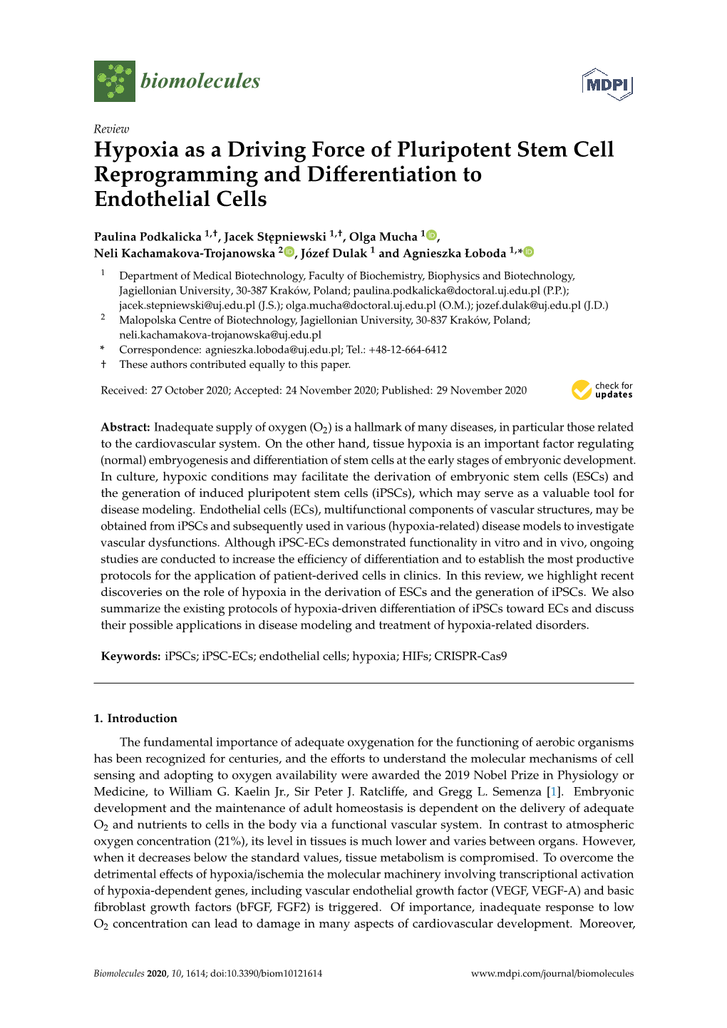 Hypoxia As a Driving Force of Pluripotent Stem Cell Reprogramming and Diﬀerentiation to Endothelial Cells