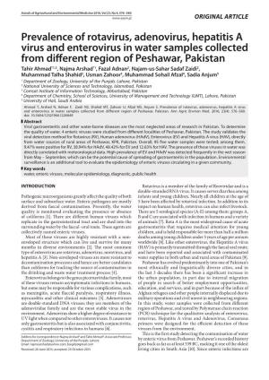 Prevalence of Rotavirus, Adenovirus, Hepatitis a Virus and Enterovirus in Water Samples Collected from Different Region of Peshawar, Pakistan