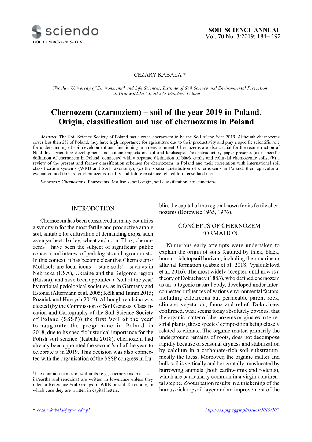 Chernozem (Czarnoziem) – Soil of the Year 2019 in Poland. Origin, Classification and Use of Chernozems in Poland