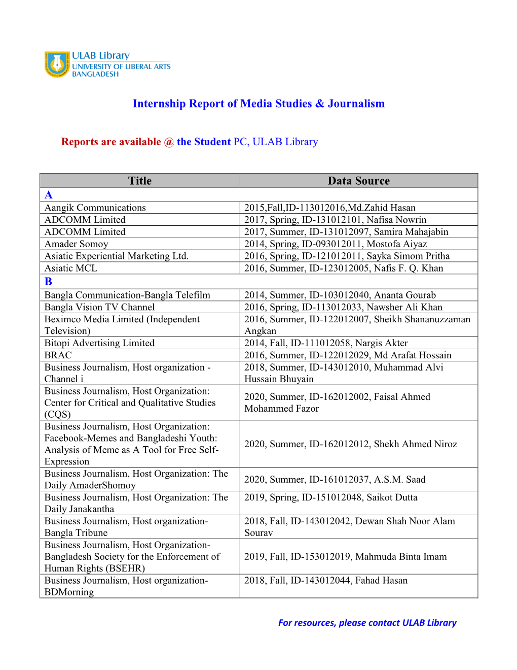 Internship Report of Media Studies & Journalism Title