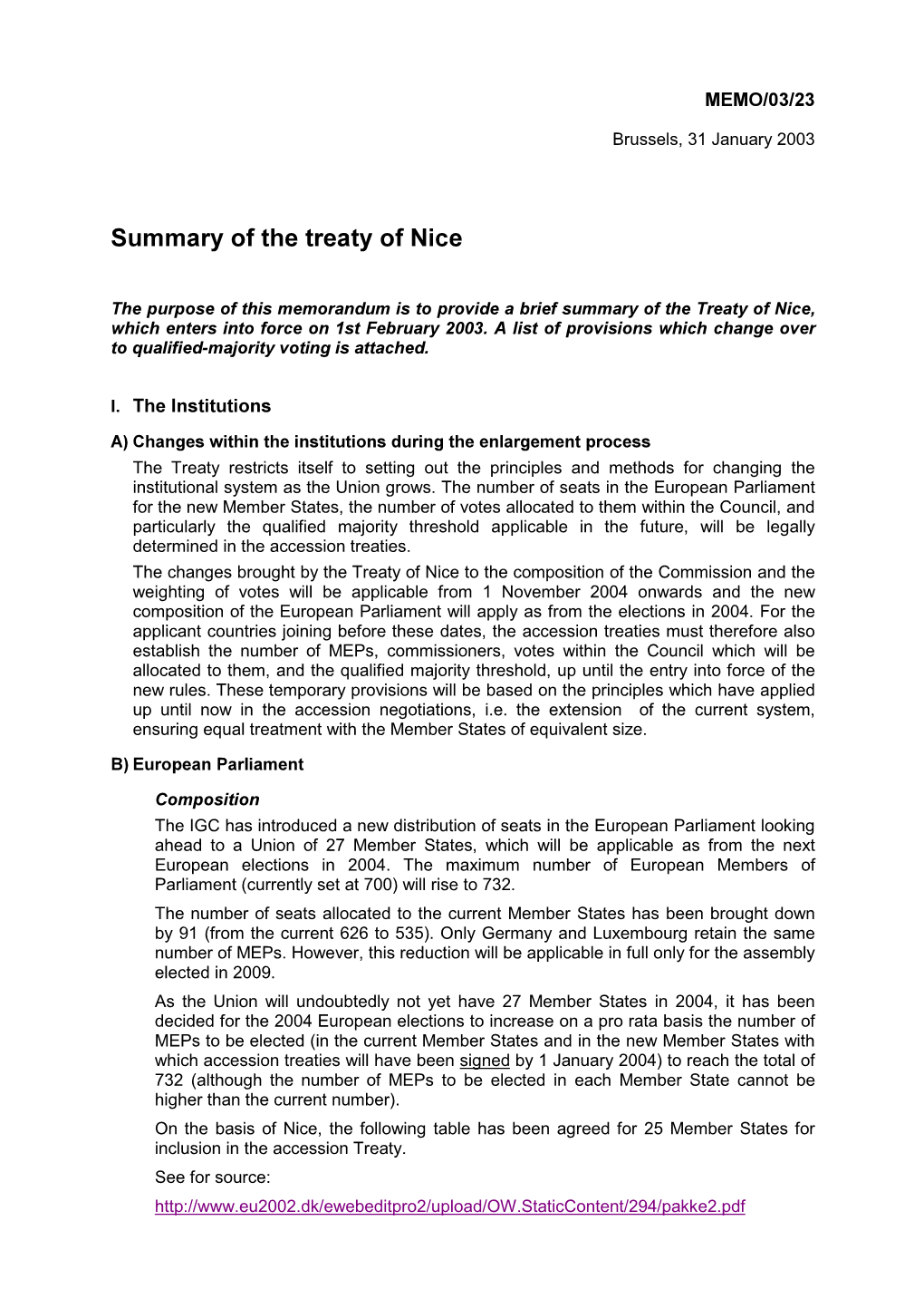 Summary of the Treaty of Nice