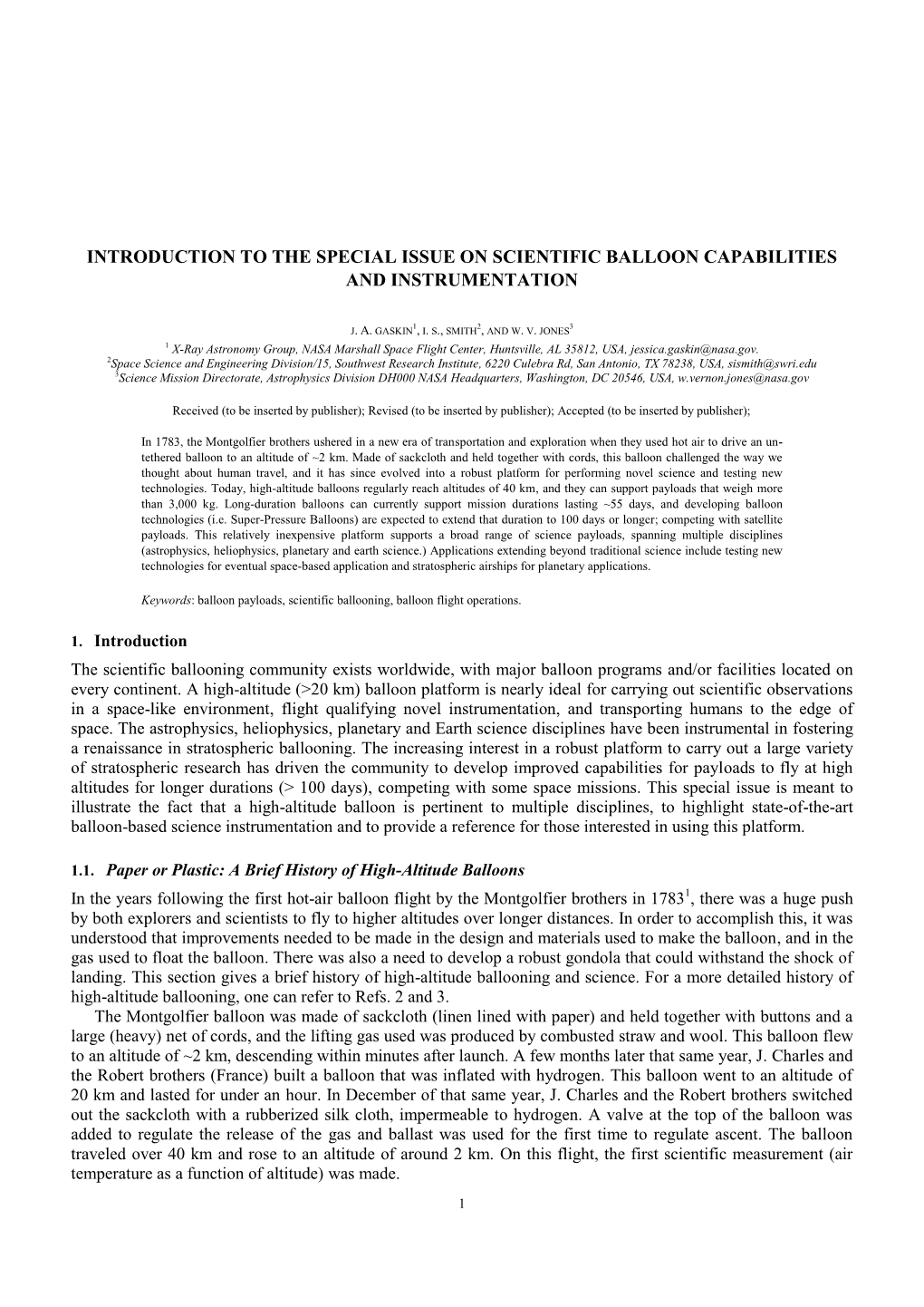 Introduction to the Special Issue on Scientific Balloon Capabilities and Instrumentation