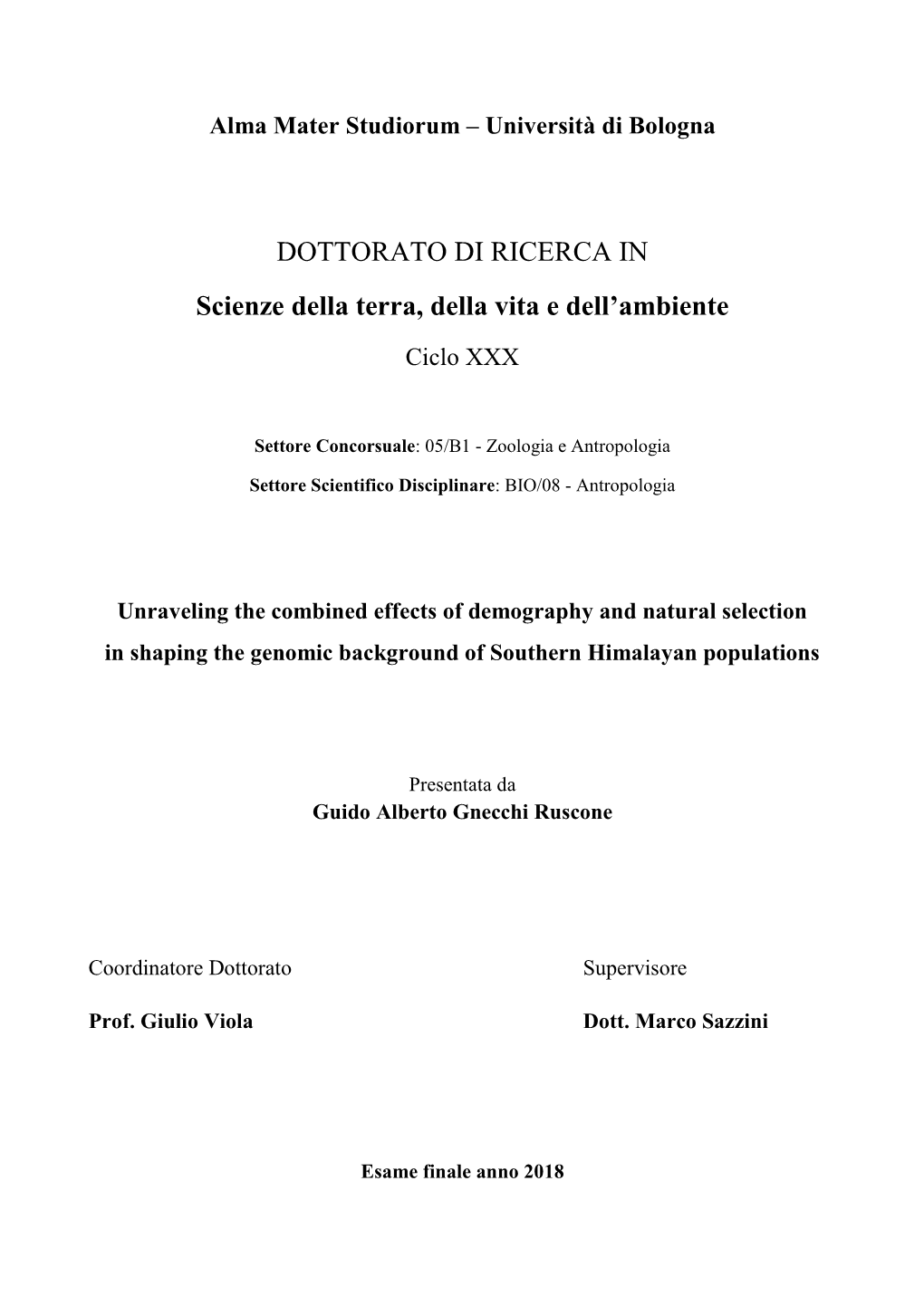 DOTTORATO DI RICERCA in Scienze Della Terra, Della Vita E Dell'ambiente