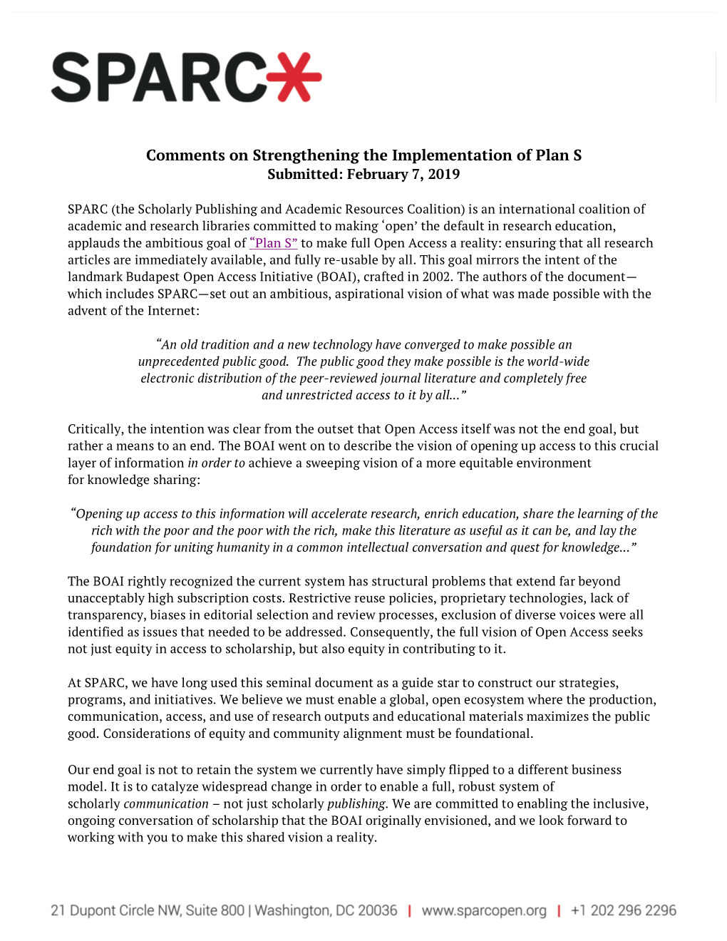 Comments on Strengthening the Implementation of Plan S Submitted: February 7, 2019