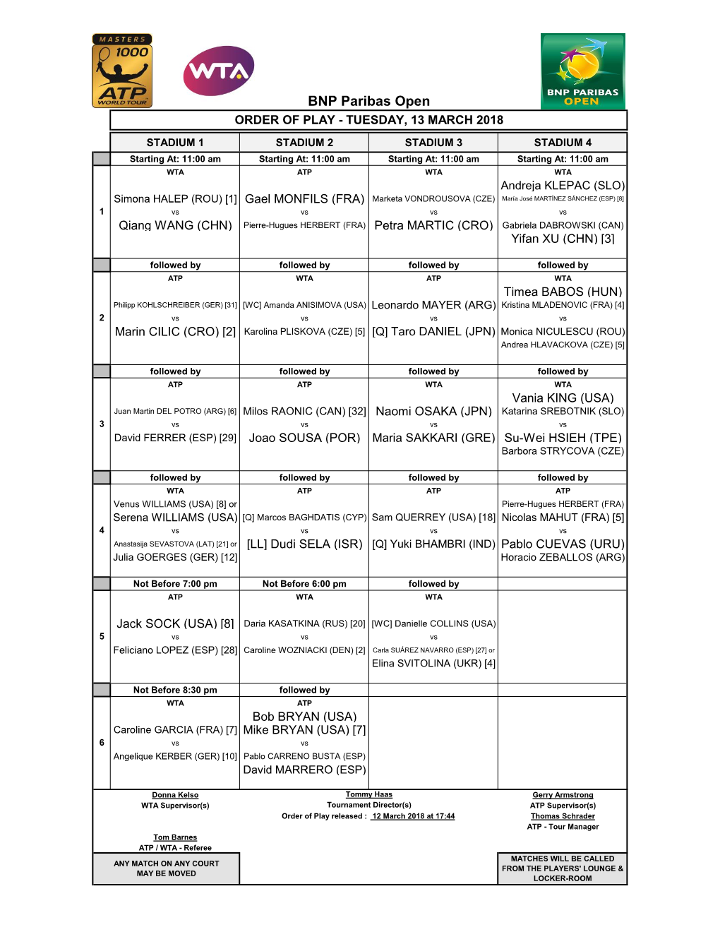 BNP Paribas Open ORDER of PLAY - TUESDAY, 13 MARCH 2018
