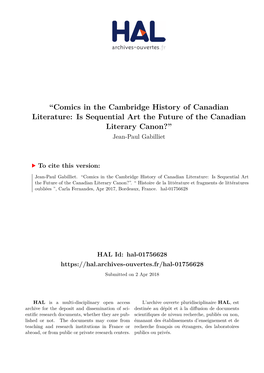 Comics in the Cambridge History of Canadian Literature: Is Sequential Art the Future of the Canadian Literary Canon?” Jean-Paul Gabilliet