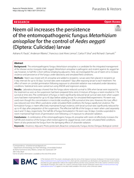 Neem Oil Increases the Persistence of the Entomopathogenic Fungus Metarhizium Anisopliae for the Control of Aedes Aegypti (Diptera: Culicidae) Larvae Adriano R