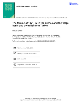 The Famine of 1921–22 in the Crimea and the Volga Basin and the Relief from Turkey