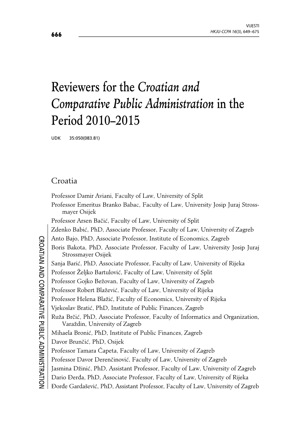 Reviewers for the Croatian and Comparative Public Administration in the Period 2010–2015