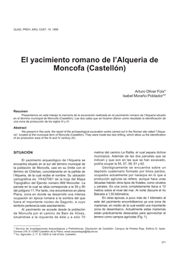 El Yacimiento Romano De L'alqueria De Moncofa (Castellón)