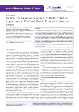 Baobab Tree (Adansonia Digitata L) Parts: Nutrition, Applications in Food and Uses in Ethno-Medicine – a Review
