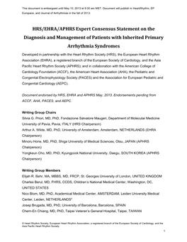 HRS/EHRA/APHRS Expert Consensus Statement on the Diagnosis and Management of Patients with Inherited Primary Arrhythmia Syndromes