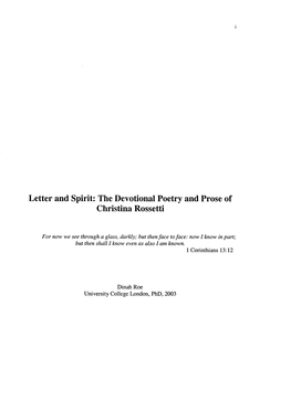 Letter and Spirit: the Devotional Poetry and Prose of Christina Rossetti