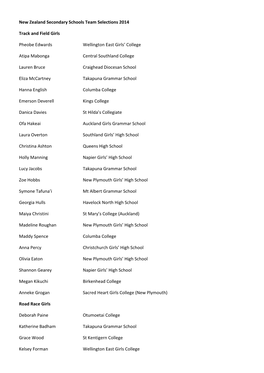 New Zealand Secondary Schools Team Selections 2014 Track And