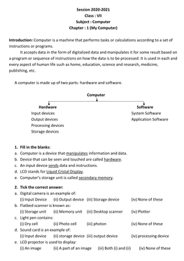 Session 2020-2021 Class : VII Subject : Computer Chapter : 1 (My Computer)