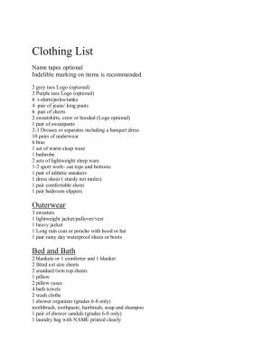 Clothing List