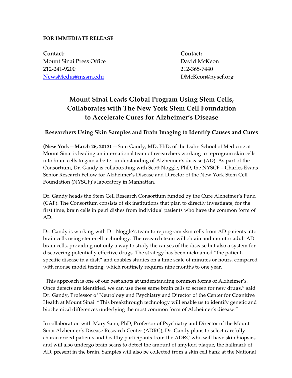 Mount Sinai Leads Global Program Using Stem Cells, Collaborates with the New York Stem Cell Foundation to Accelerate Cures for Alzheimer’S Disease