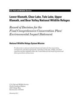 Lower Klamath, Clear Lake, Tule Lake, Upper Klamath, and Bear Valley National Wildlife Refuges