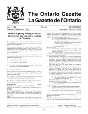 Ontario Gazette Volume 149 Issue 49, La Gazette De L'ontario Volume 149 Numéro 49