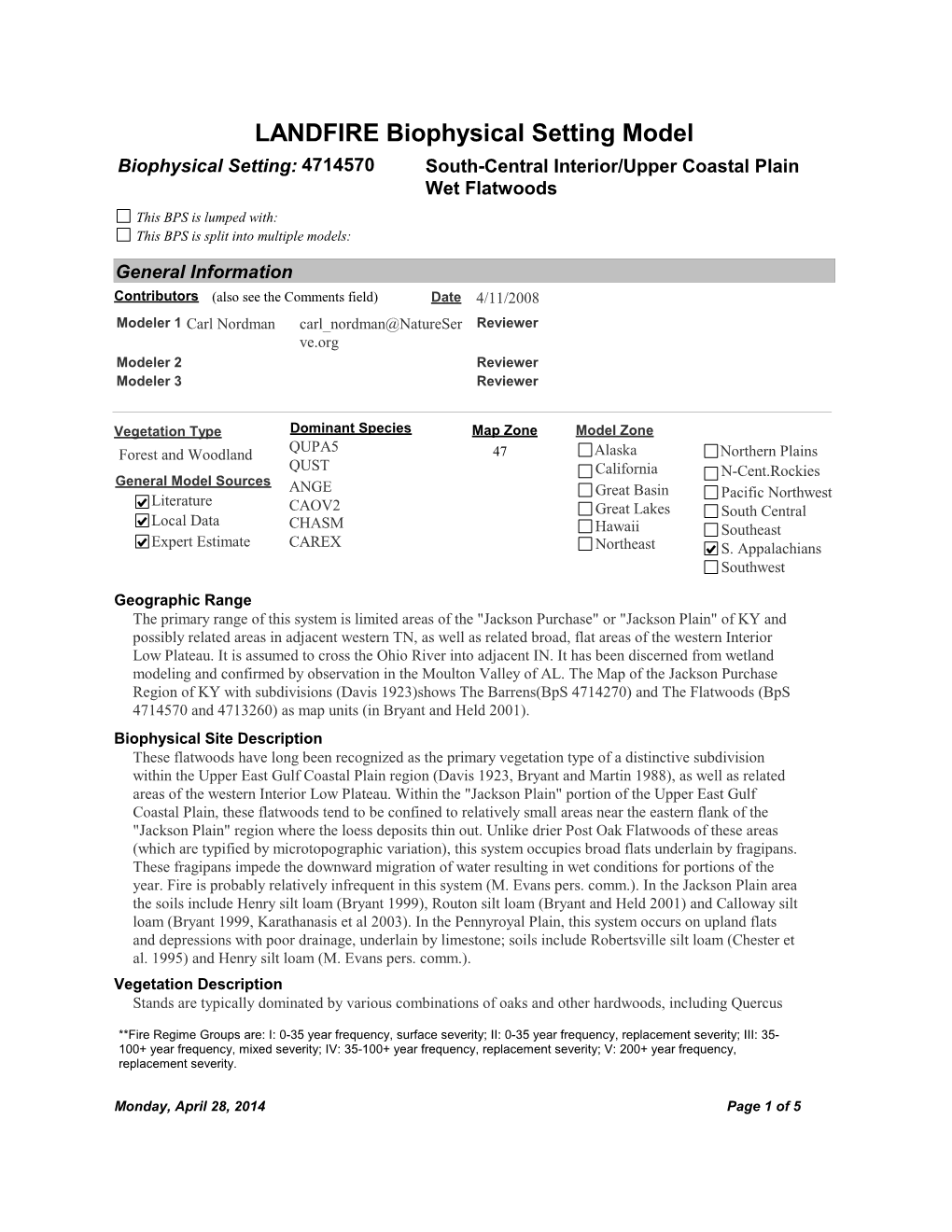 LANDFIRE Biophysical Setting Model