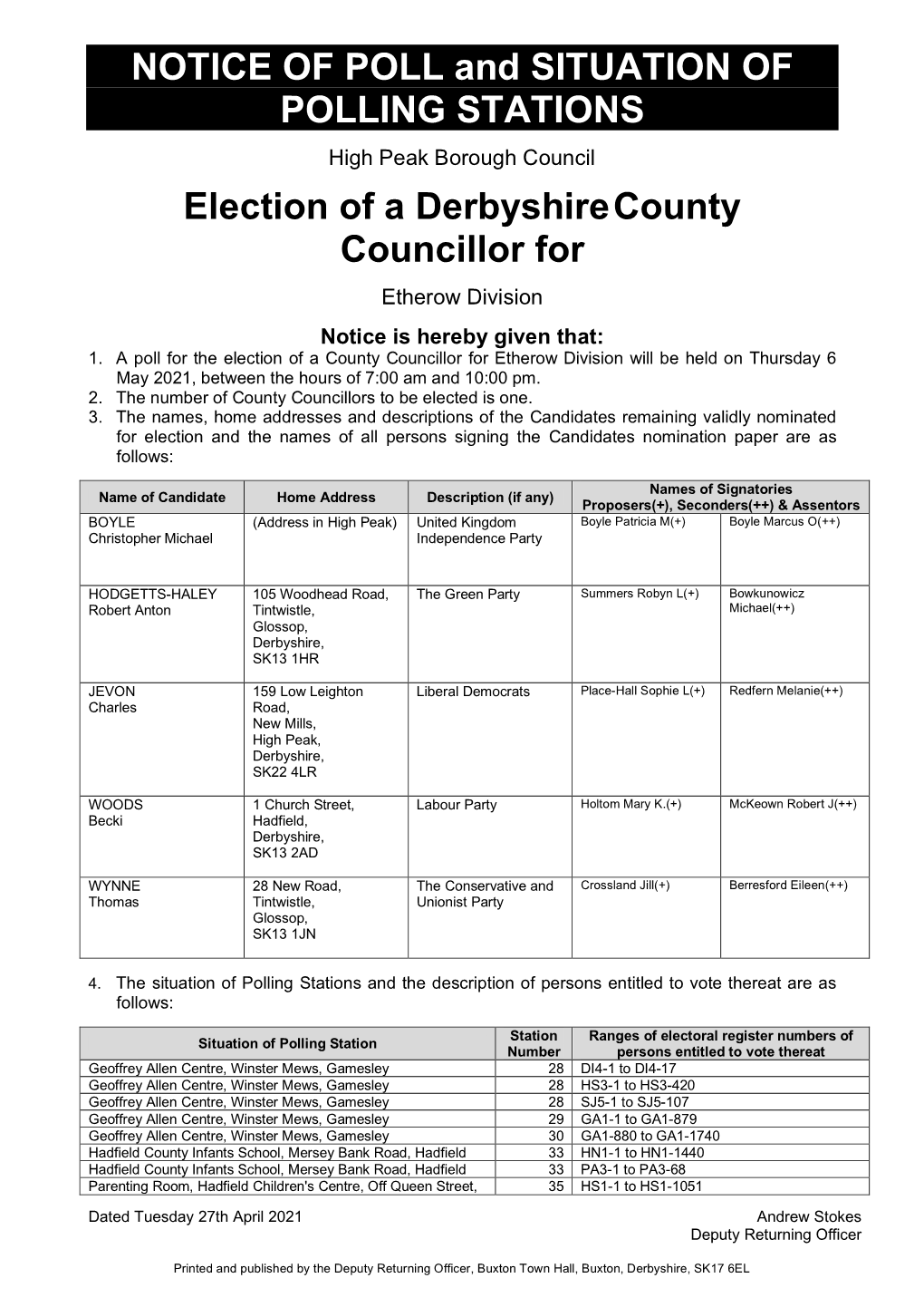 Notice of Poll and Location of Poling Stations