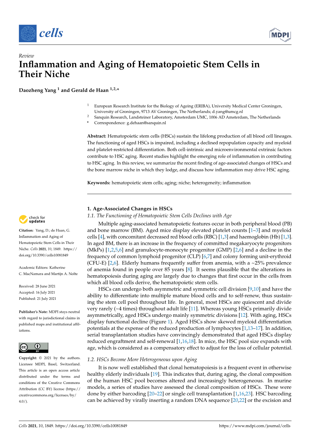 Inflammation and Aging of Hematopoietic Stem Cells in Their