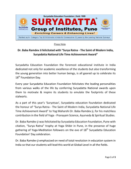 Dr. Baba Ramdev Ji Felicitated with “Surya Ratna - the Saint of Modern India, Suryadatta National Life Time Achievement Award”