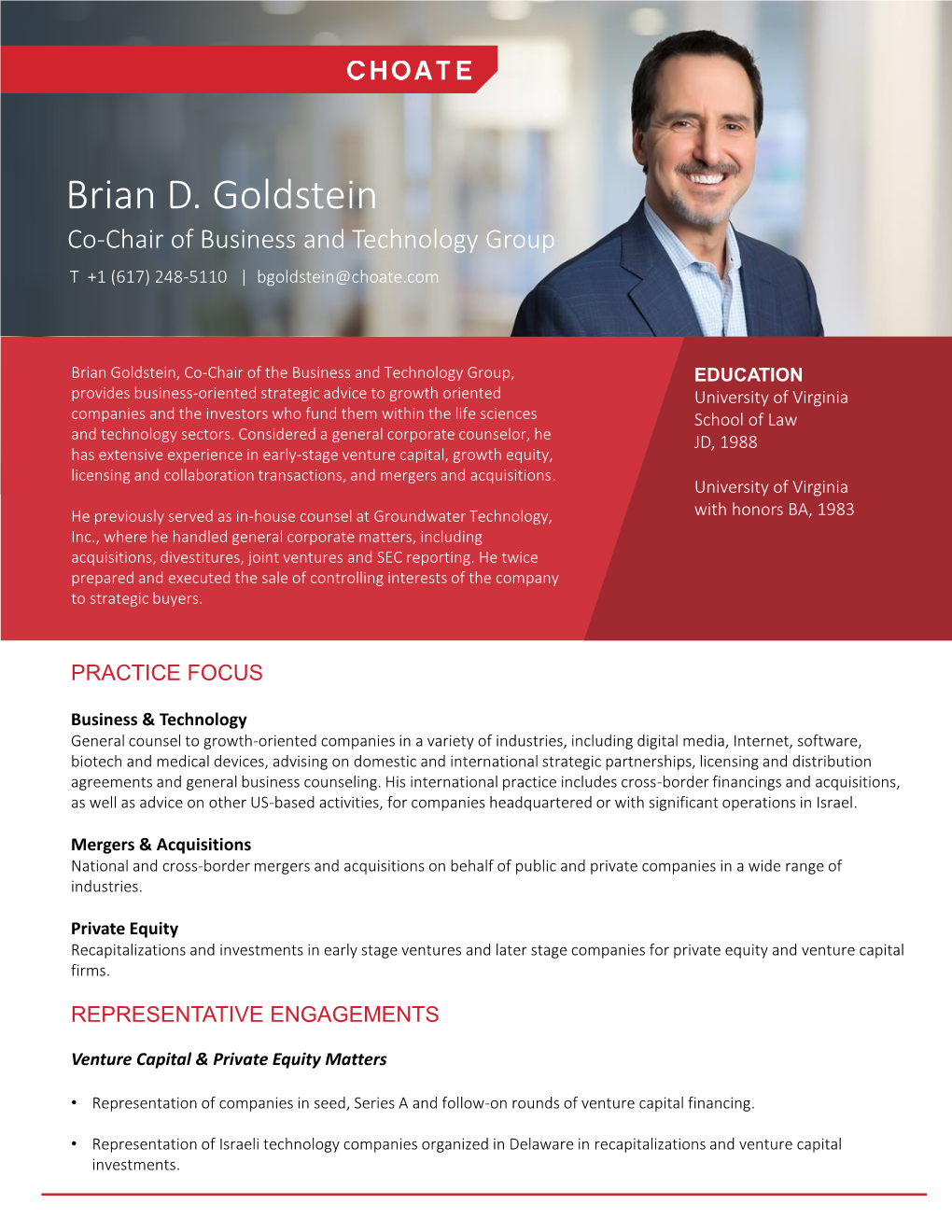 Brian D. Goldstein Co-Chair of Business and Technology Group T +1 (617) 248-5110 | Bgoldstein@Choate.Com