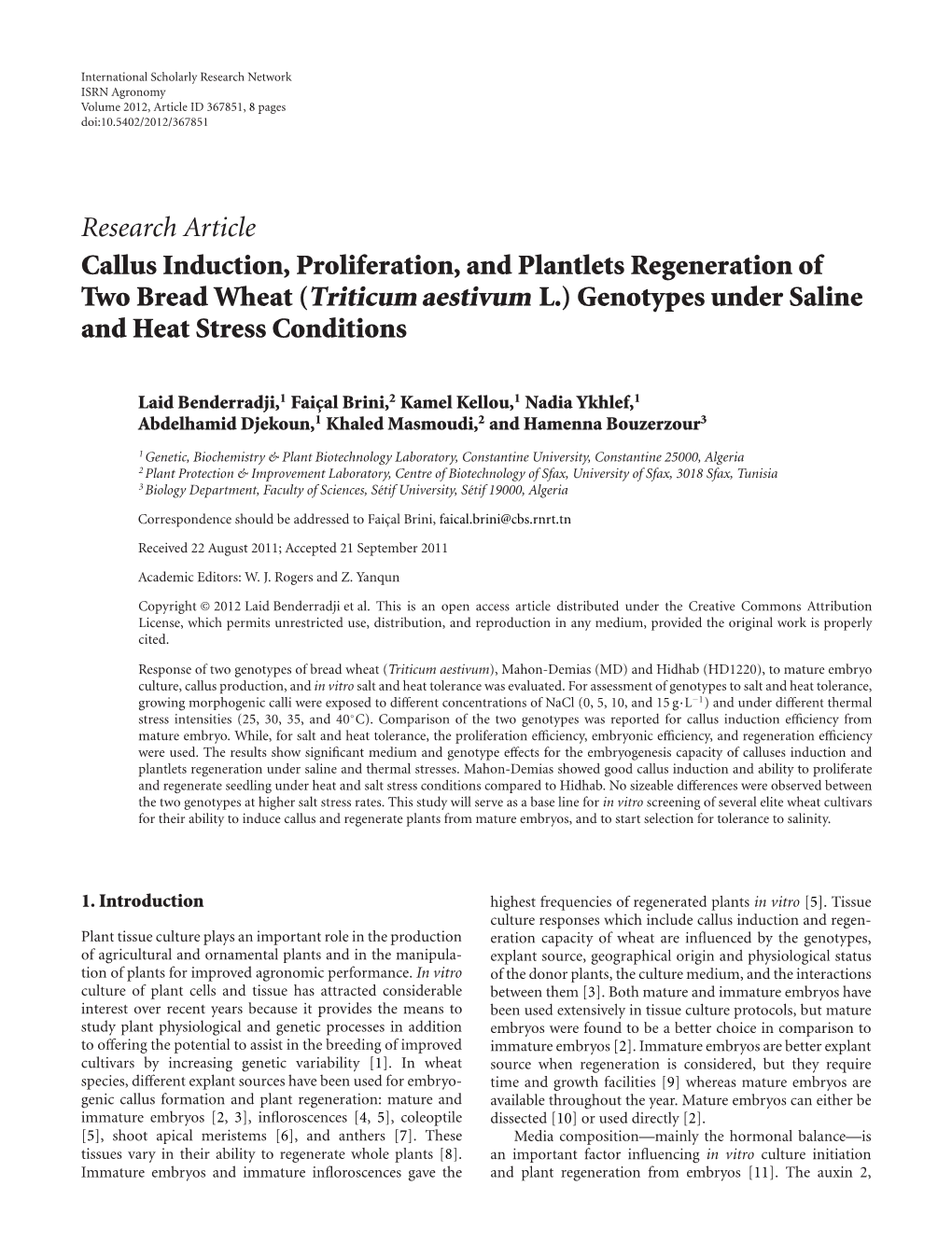 Callus Induction, Proliferation, and Plantlets Regeneration of Two Bread Wheat (Triticum Aestivum L.) Genotypes Under Saline and Heat Stress Conditions