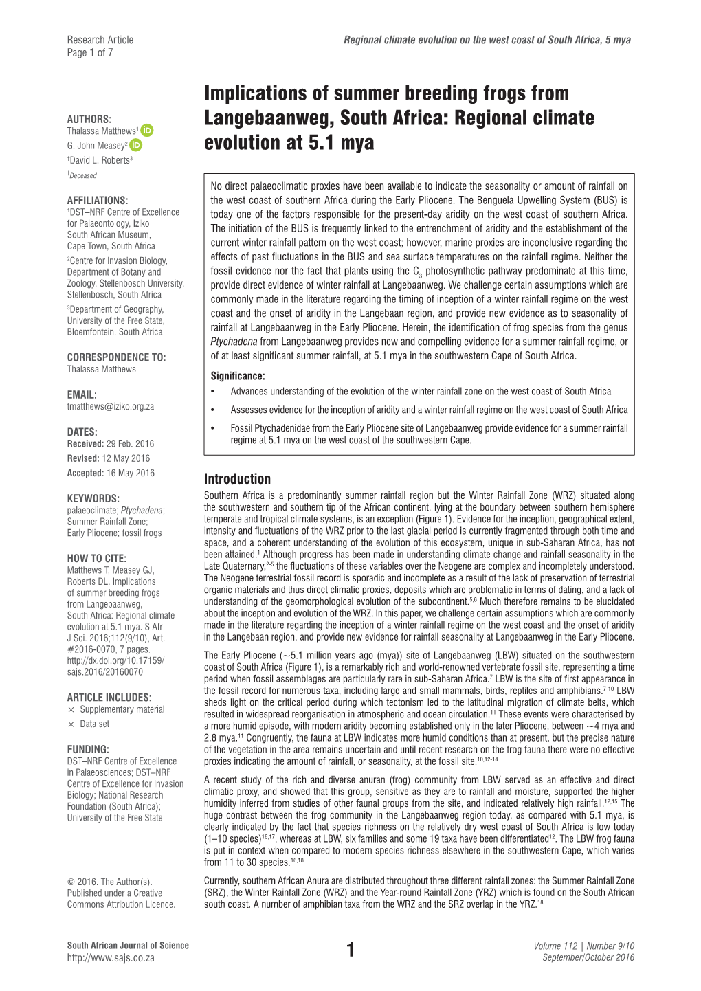 Implications of Summer Breeding Frogs from AUTHORS: Langebaanweg, South Africa: Regional Climate Thalassa Matthews1 G