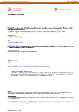 Metabolic Engineering of Bacillus Subtilis Toward Taxadiene