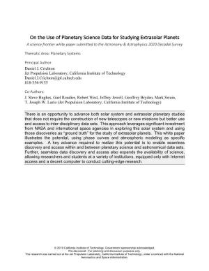 On the Use of Planetary Science Data for Studying Extrasolar Planets a Science Frontier White Paper Submitted to the Astronomy & Astrophysics 2020 Decadal Survey