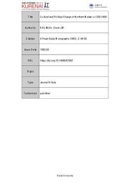 Title Cultural and Political Change in Northern Malawi C.1350-1800